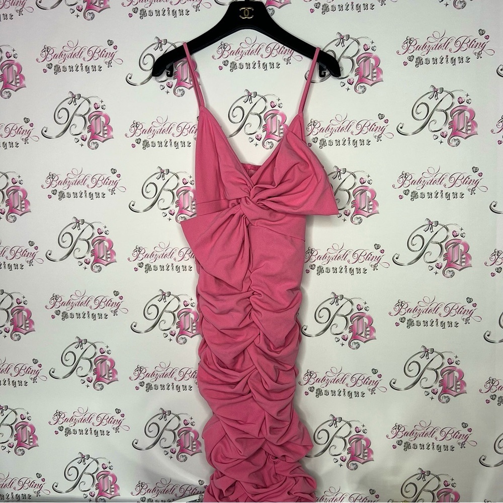 SHEINBAE dress bow Rutched pink sexy long cinched tank dress stunning formal